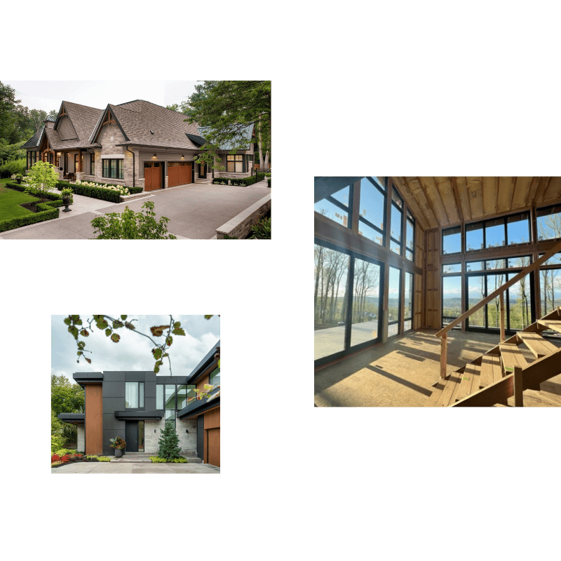 mobile-building-forward Collage of a transitional home, modern design and construction in progress